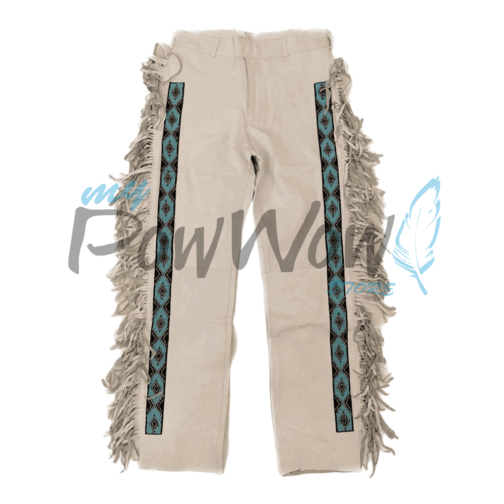 Leather Fringe Beaded Pants for Powwow in Beige
