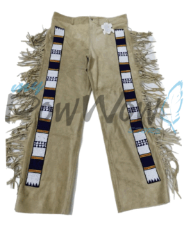 Leather Fringe Beaded Pants for Powwow in Beige NP616