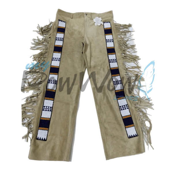 Leather Fringe Beaded Pants for Powwow in Beige