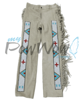 Leather Fringe Beaded Pants for Powwow in Beige NP617