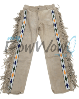 Leather Fringe Beaded Pants for Powwow in Beige NP618
