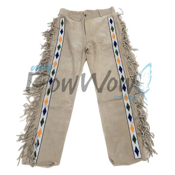 Leather Fringe Beaded Pants for Powwow in Beige