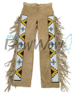 Leather Fringe Beaded Pants for Powwow in Beige NP619