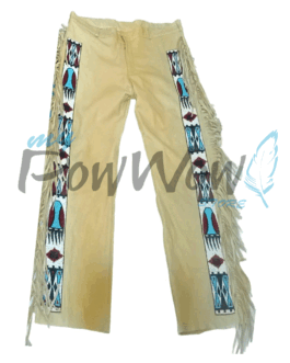 Leather Fringe Beaded Pants for Powwow in Beige NP620