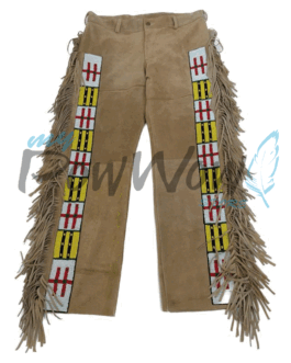 Leather Fringe Beaded Pants for Powwow in Beige NP621