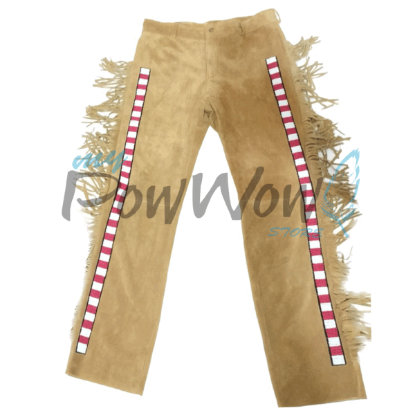 BIEGE-BEADED-PANT-29A Leather Fringe Beaded Pants for Powwow in Beige