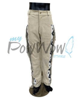 Leather Fringe Beaded Pants for Powwow in Beige NP602