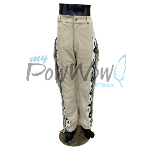 BIEGE-BEADED-PANT-2A Leather Fringe Beaded Pants for Powwow in Beige NP602