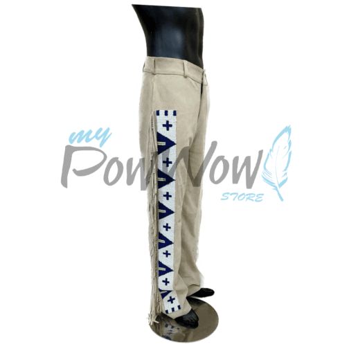 Leather Fringe Beaded Pants for Powwow in Beige
