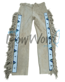Leather Fringe Beaded Pants for Powwow in Beige NP603