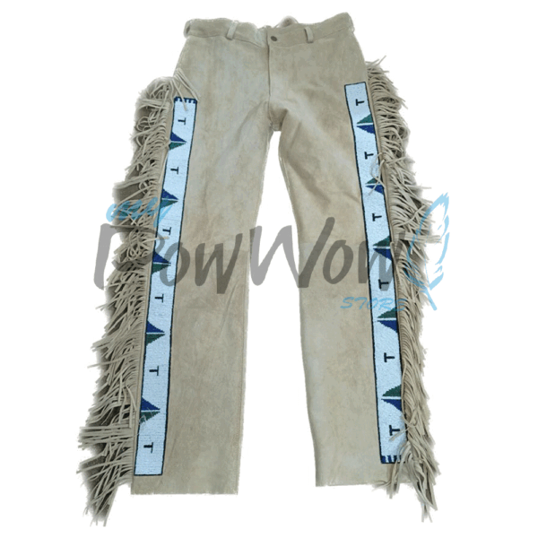 Leather Fringe Beaded Pants for Powwow in Beige