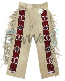 Leather Fringe Beaded Pants for Powwow in Beige NP604