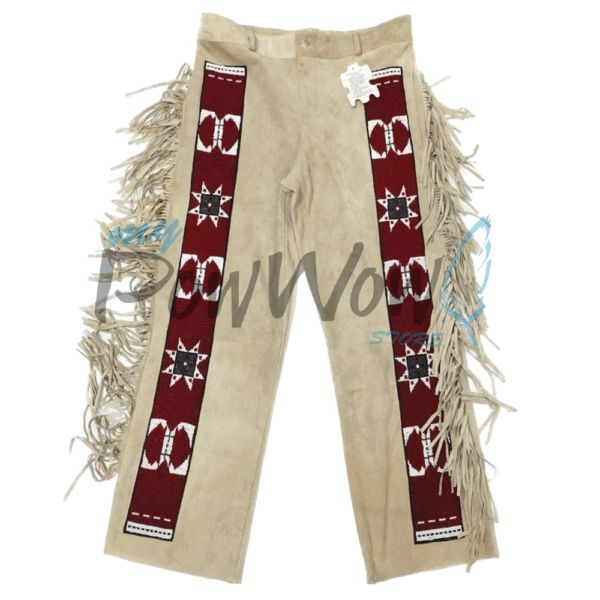 Leather Fringe Beaded Pants for Powwow in Beige NP604