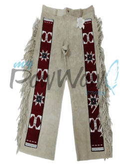 Leather Fringe Beaded Pants for Powwow in Beige NP604