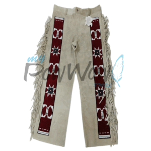 BIEGE-BEADED-PANT-5B Leather Fringe Beaded Pants for Powwow in Beige