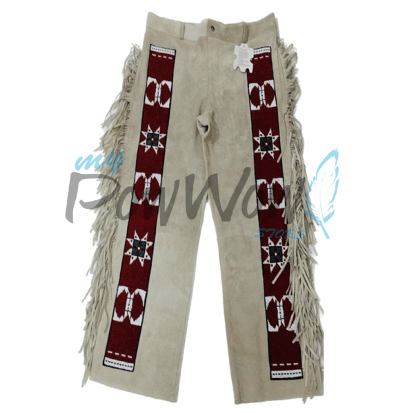 Leather Fringe Beaded Pants for Powwow in Beige