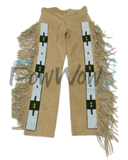 Leather Fringe Beaded Pants for Powwow in Beige NP605