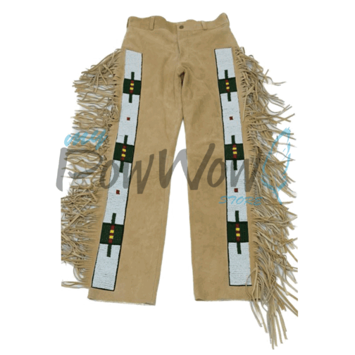 Leather Fringe Beaded Pants for Powwow in Beige