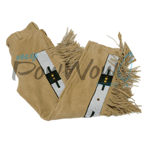 Leather Fringe Beaded Pants for Powwow in Beige