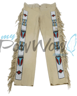 Leather Fringe Beaded Pants for Powwow in Beige NP606