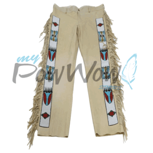 BIEGE-BEADED-PANT-7A Leather Fringe Beaded Pants for Powwow in Beige