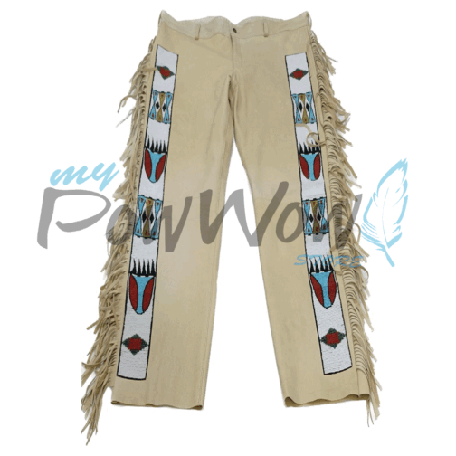 Leather Fringe Beaded Pants for Powwow in Beige