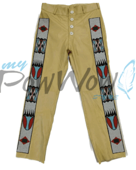 Leather Fringe Beaded Pants for Powwow in Beige NP607