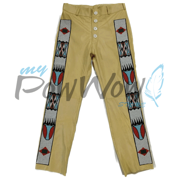 Leather Fringe Beaded Pants for Powwow in Beige