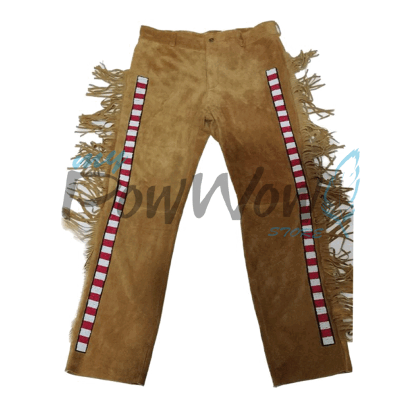 Leather Fringe Beaded Pants for Powwow in Brown