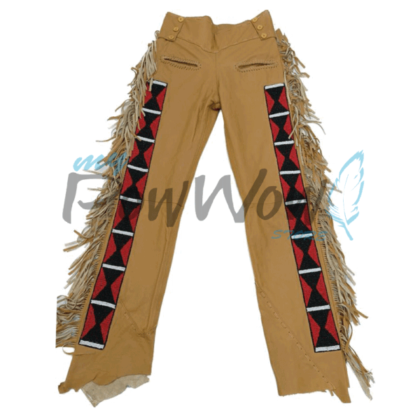 Leather Fringe Beaded Pants for Powwow In Brown