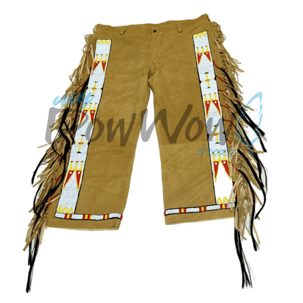 Leather Fringe Beaded Pants for Powwow In Brown