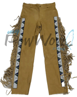 Leather Fringe Beaded Pants for Powwow In Brown NP705