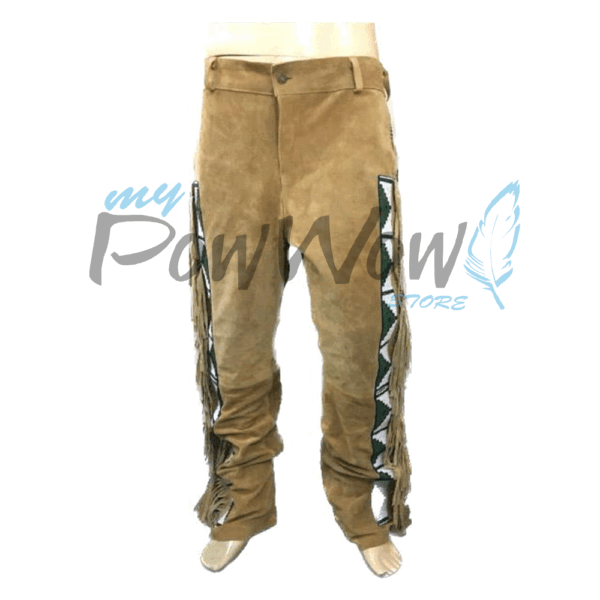 Leather Fringe Beaded Pants for Powwow In Brown