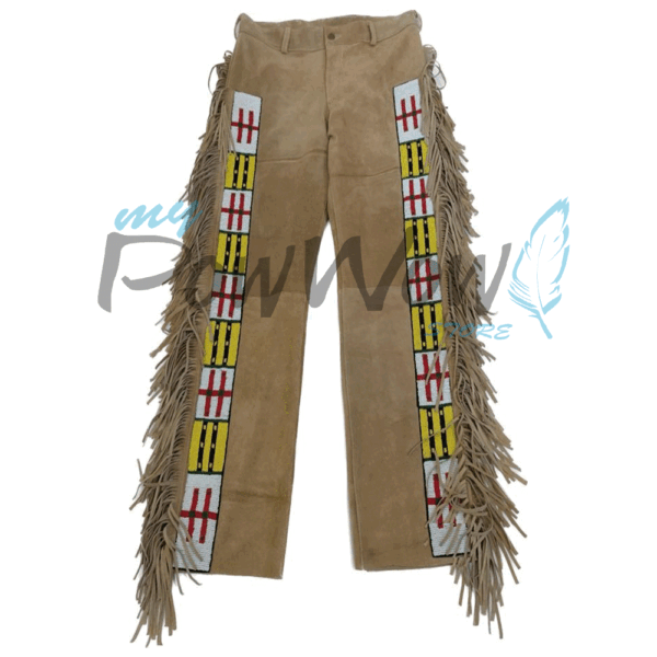 Leather Fringe Beaded Pants for Powwow In Brown