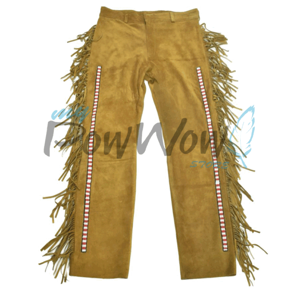 TAN-BEADED-PANT-2A Leather Fringe Beaded Pants for Powwow In Brown