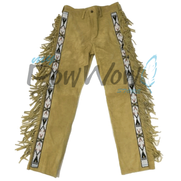 Leather Fringe Beaded Pants for Powwow In Brown